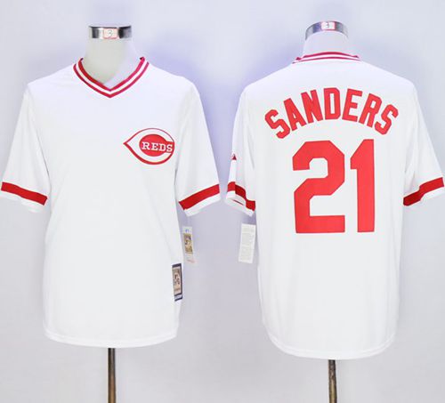 Mitchell And Ness Reds #21 Reggie Sanders White Throwback Stitched MLB Jersey - Click Image to Close